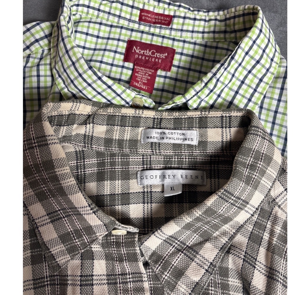 Lot of 2 Mens Plaid Button Down Shirts Geoffrey Beene NorthCrest XL Green Grey